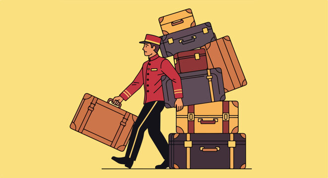 A bellhop wearing a red uniform carries a large stack of vintage style suitcases