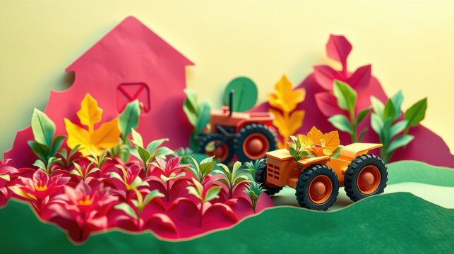 Papercraft scene depicts farm life. Tractor pulls trailer through colorful fields, barn visible. Bright, stylized illustration.