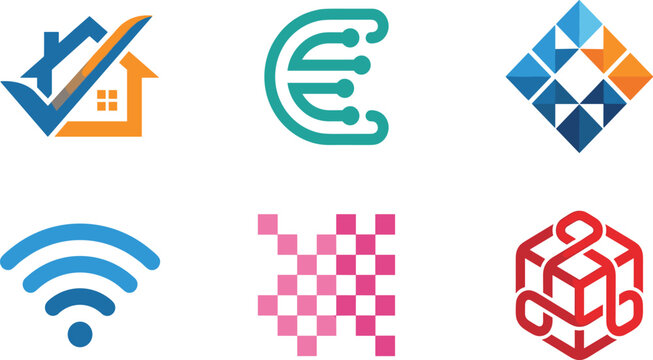 Modern Technology and Business Logo Icons Set Featuring Smart Home Network Signal Digital Shapes Cube Design and Abstract Branding Elements for Corporate Identity.