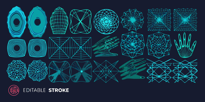 Collection of teal 3d wireframe geometric shapes and hands on a dark background high quality