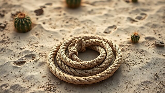 A coiled rawhide lariat on sandy ground with horse hoof prints and cacti nearby.