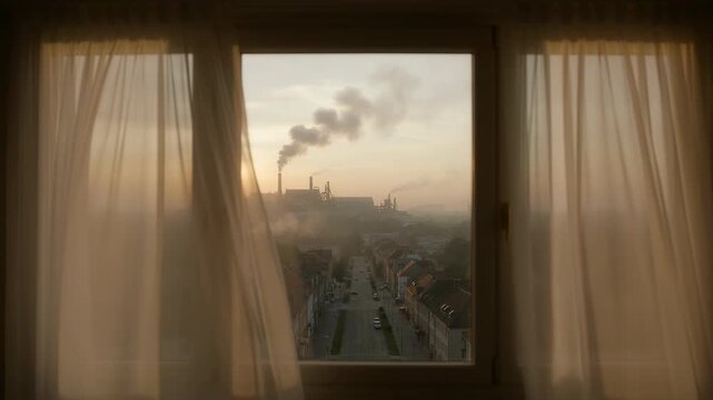 View of a smoking factory skyline at dawn through a window with curtains, symbolizing industrial impact and morning cityscape.