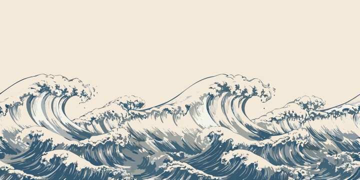 Hand drawn wave pattern with stylized foam vintage japanese woodblock print aesthetic high quality professional