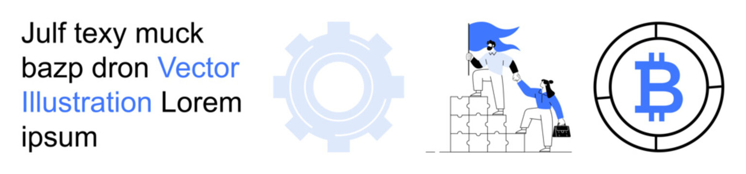 Collaboration, technology, cryptocurrency, teamwork, innovation, blockchain. Professionals building a tower, gear symbol and Bitcoin logo. Collaboration and technology in abstract visuals
