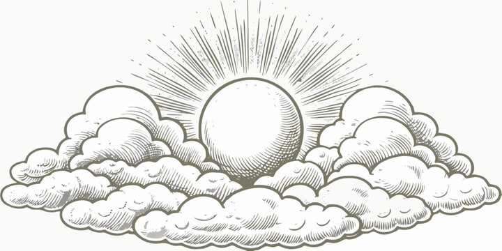 Hand drawn sun bursting through clouds vintage style engraving illustration high quality professional detailed modern