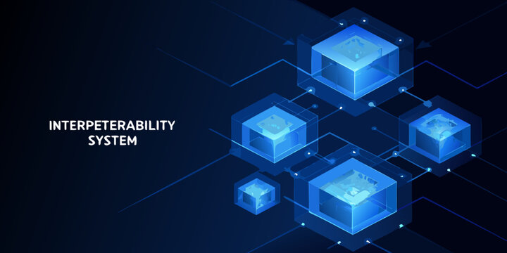 Interconnected glowing blue cubes with lines a 3d render on a dark background high quality