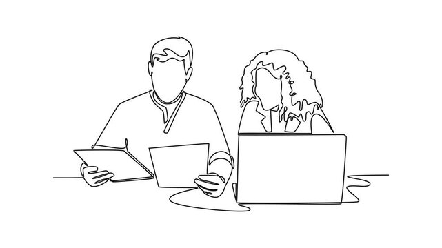 Professional business team of two diverse advisors, employees man and woman. Diverse multicultural cooperation concept. Single line draw design. Full length animation illustration. High quality 4k foo