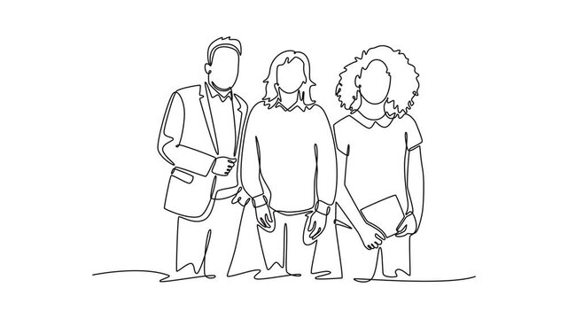 professional business coaches leaders mentors posing together with diverse office workers. Diverse multicultural cooperation concept. Single line draw design. Full length animation illustration. High 
