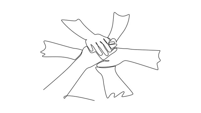 Teamwork concept,Business team joining hands holding together cooperation. Diverse multicultural cooperation concept. Single line draw design. Full length animation illustration. High quality 4k foota