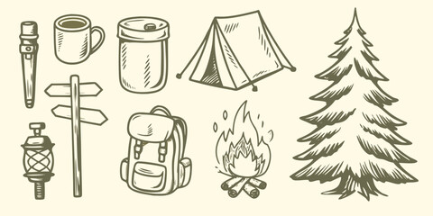 Camping equipment collection sketch style illustration with tent backpack and forest elements high quality professional © Bithi