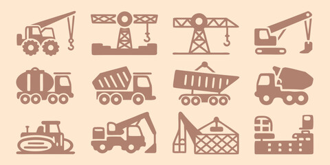 Construction vehicle icons set including cranes dump trucks and excavators in a flat style © Bithi
