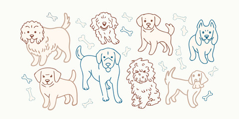 Stylized line art illustration of various dog breeds with bone shapes on a cream background © Bithi