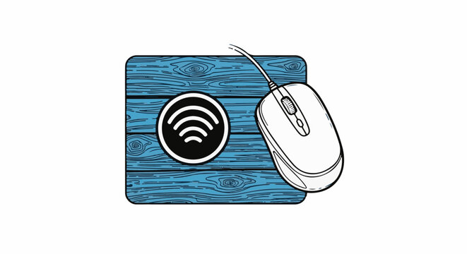 Computer mouse on a wooden surface with a wireless signal icon