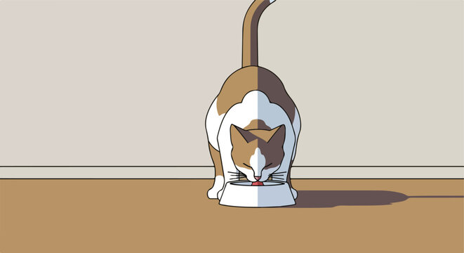 A flat illustration of a calico cat lapping water from a bowl on the floor