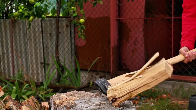 Man chopping log with axe on wooden block, wood splitting as axe strikes. Backyard scene with chopped timber and greenery, active motion, natural outdoor lifestyle, closeup detail of action.