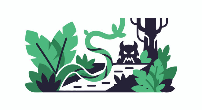 Dark forest scene with a looming monster and lush greenery