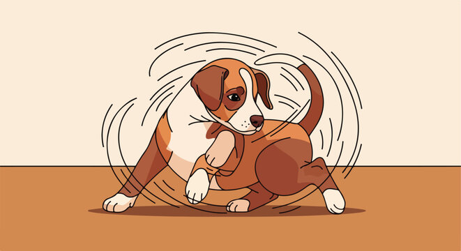 A cartoon illustration of a cute puppy chasing its own tail in a circular motion