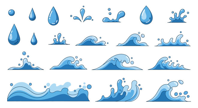 Collection of Blue Water Drops and Waves Vector Illustrations