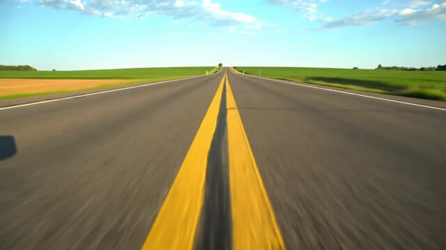 Pristine, long asphalt road with yellow lines through lush green fields, bathed in warm golden hour light. Smooth low-angle tracking video, shallow DOF, blue sky. Concept of limitless opportunity