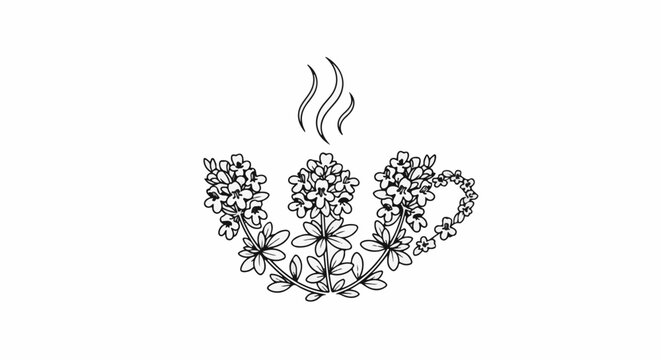 Delicate floral outline forms a cup, with steam rising