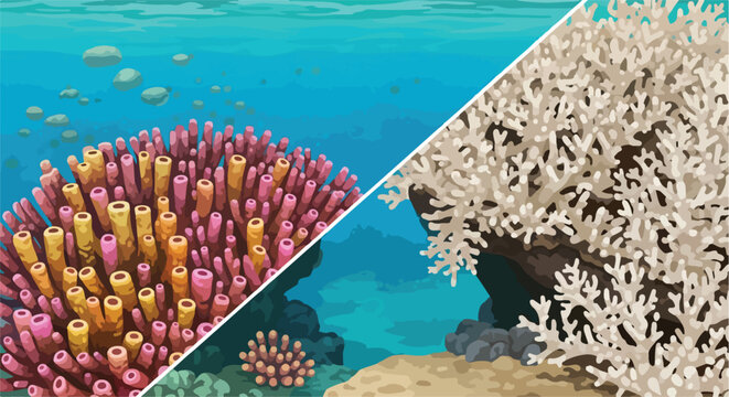 Split screen showing a healthy colorful coral reef versus dead bleached coral