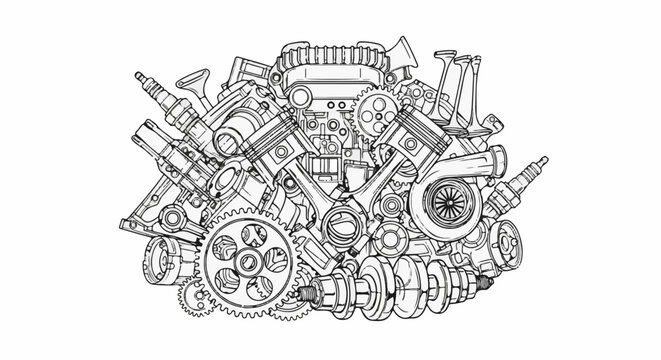 Detailed line drawing of a complex internal combustion engine