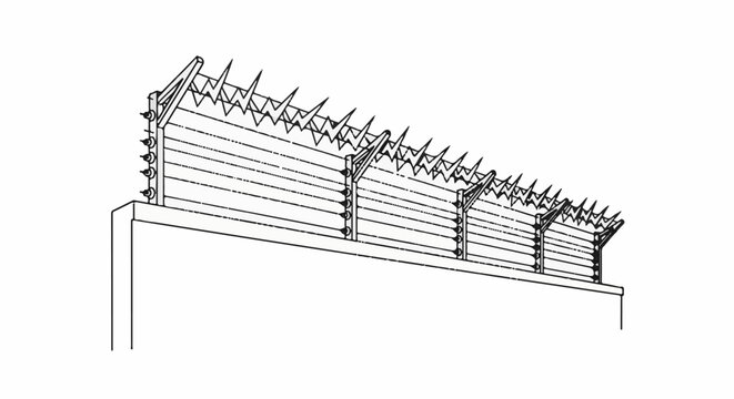 Detailed line drawing of a security wall top with spikes and wires