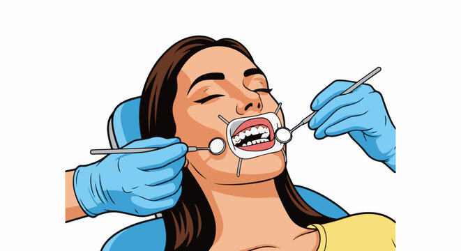 Dental checkup with instruments, patient open-mouthed in chair