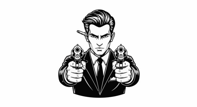 Determined man in suit with two pistols and cigar
