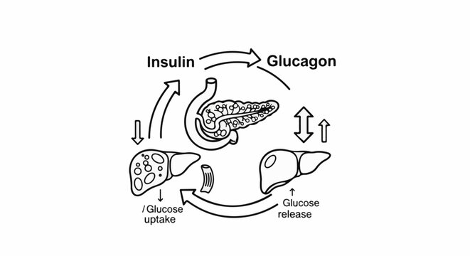 Diagram showing insulin and glucagon regulating glucose in the liver