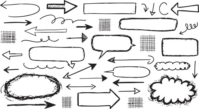 Line arrow icon element set. Hand drawn sketch star, heart marker pen stroke circle, scribble highlight underline elements. Cute mark brush emphasis pencil swoosh