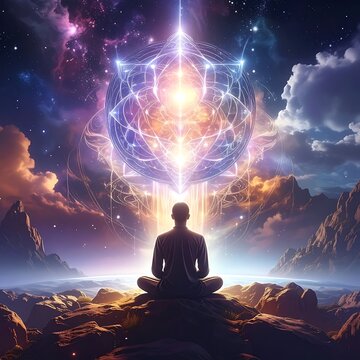 Person meditating under cosmic energy field.