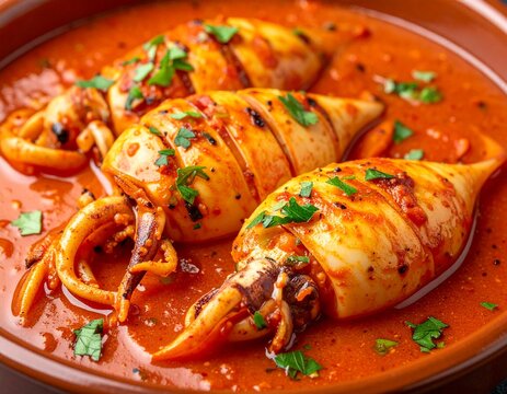 Lulas Recheadas stuffed squid in tomato sauce, high detail sauce texture, no humans
