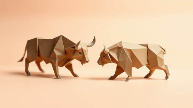 Paper bulls face each other. Minimalist design, warm tones, simple geometry. Studio shot, neutral background, artistic presentation.