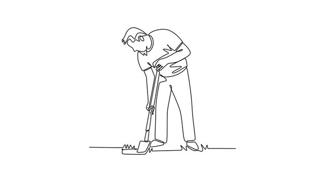 young man digging the ground to plant trees. Planting tree in city park concept. Single line draw design. Full length animation illustration. High quality 4k footage