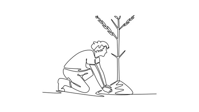 young man planting tree. Planting tree in city park concept. Single line draw design. Full length animation illustration. High quality 4k footage