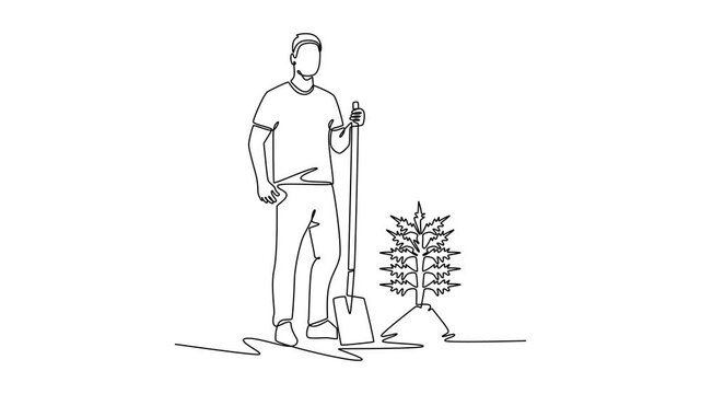 young man volunteer with a shovel. Planting tree in city park concept. Single line draw design. Full length animation illustration. High quality 4k footage