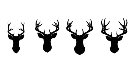 Obraz premium Collection of black deer head silhouettes with antlers on a white background