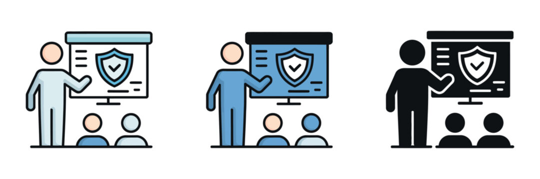 Safety and security training icons collection, vector set illustrating protection skills, awareness, compliance and emergency preparedness.