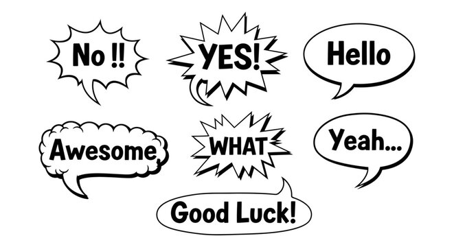 Comic speech bubbles set with various expressions and text phrases, speech bubbl