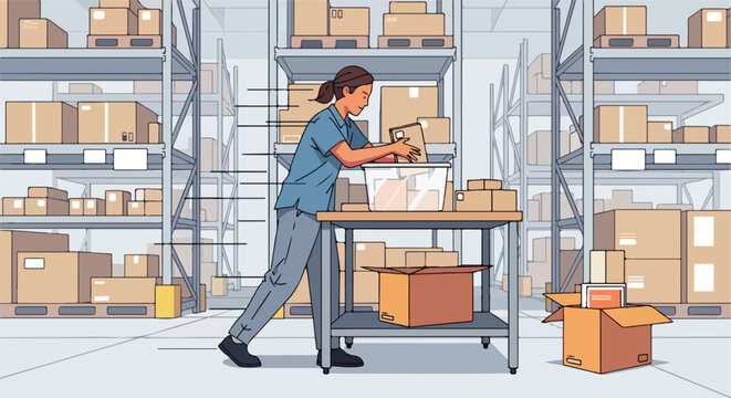 A worker quickly packs cardboard boxes onto a metal table in a large warehouse