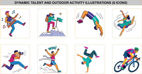 Fototapeta premium Flat vector illustrations of music performance, mountain hiking, backflip gymnastics, ballet dancing, action photography, marathon winning, breakdancing, and professional road cycling.