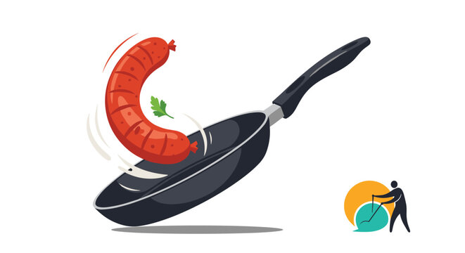 Tasty grilled sausage flips in a black frying pan with green parsley to illustrate fresh home cooking methods.