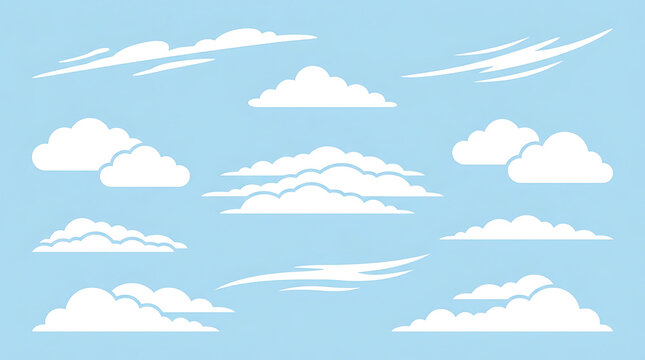 Collection of different cartoon cloud shapes on blue gradient background, simple flat design weather icons set
