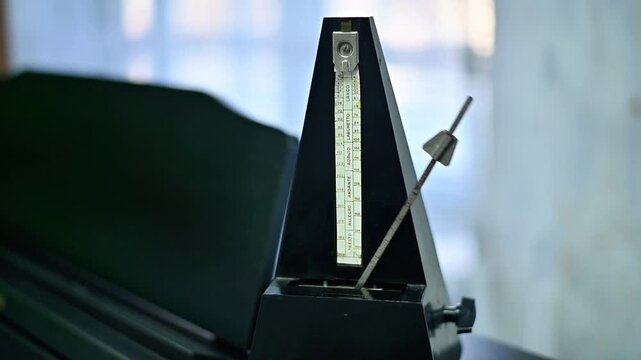 Mechanical metronome on piano keys, pendulum swinging to mark tempo. Metronome keeps rhythm, instrument and music concept, closeup detail, indoor practice, musical focus, tempo control.