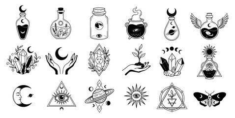 Obraz premium Magic alchemy set with potion bottle crystal and moon line art