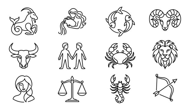 Zodiac sign and horoscope icon set in minimalist line art