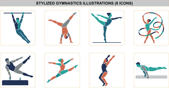 Stylized, flat, vector, illustration, set, of, male, female, athletes, performing, artistic, rhythmic, gymnastics, routines, poses, physical, fitness, sports, design, elements.