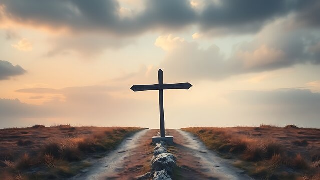 A symbolic crossroads diverging into two paths, representing life choices under atmospheric lighting.