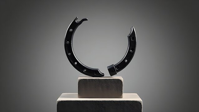 A sculptural broken iron shackle on a simple stone pedestal.